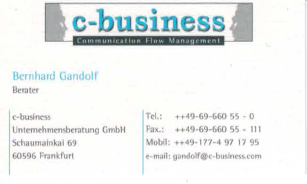 Bernhards damalige Visitenkarte als Berater im Bereich Outsourcing-Beratung